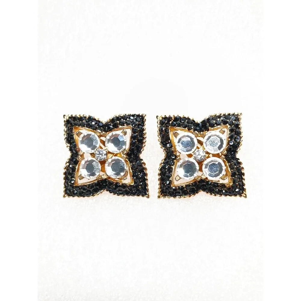 Jay Feinberg Signed Clip-On Earrings Gold Tone Rhinestone 80s - Picture 1 of 16